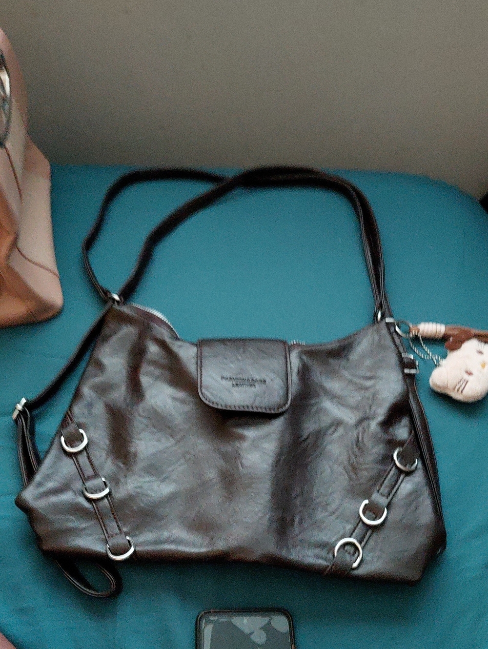 Brown Leather Shoulder Bag with Ring Detail - Unbranded